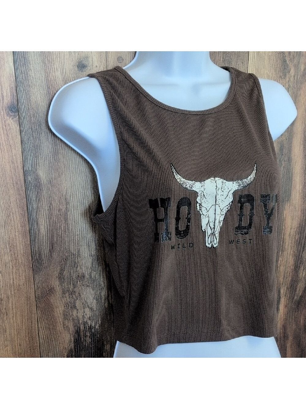 SHEIN Brown HOWDY Wild West Ribbed Fitted Crop Tank XL                      E117